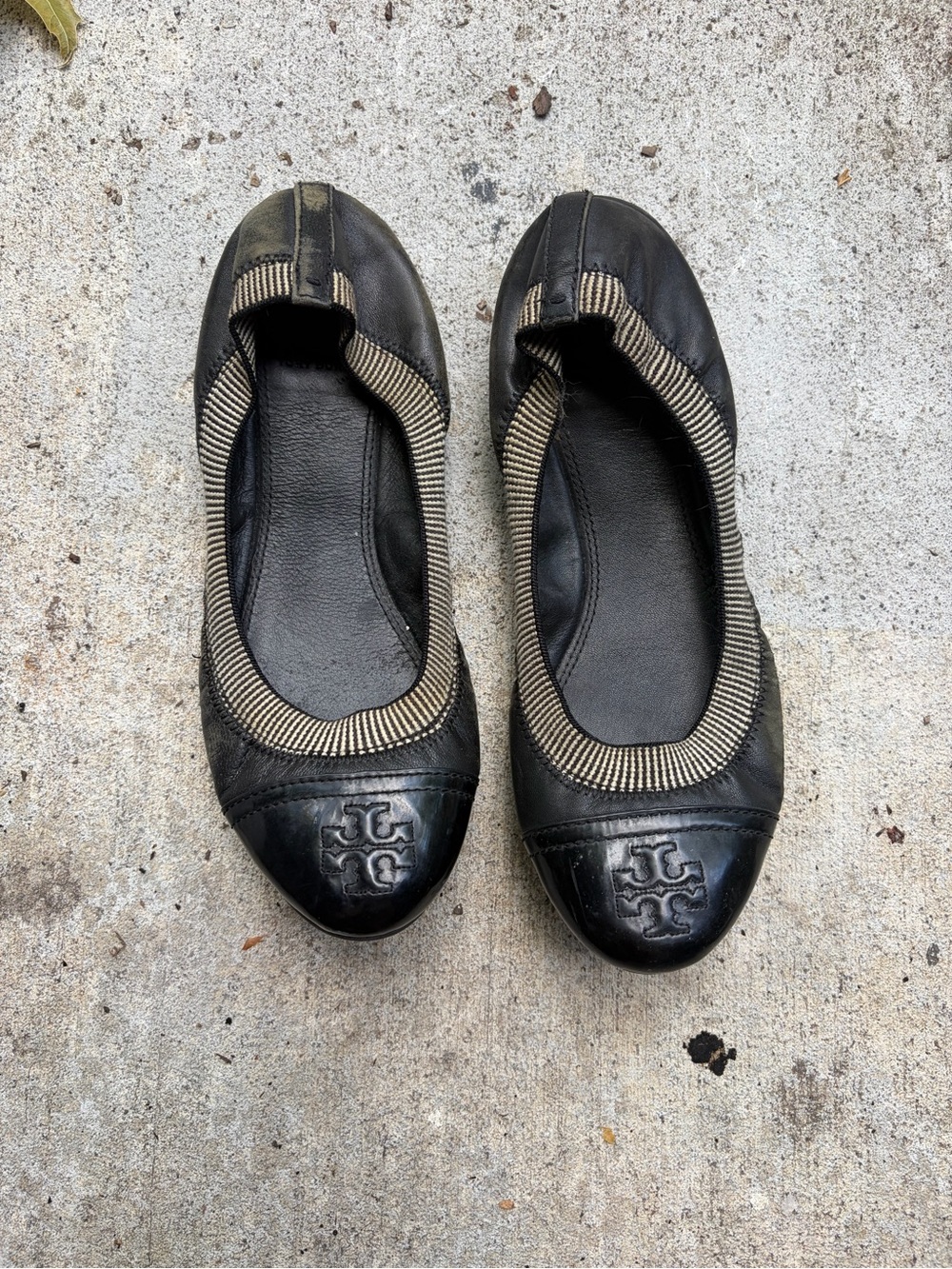 Tory Burch Black Leather Ballet Flats with Cream-Striped Trim